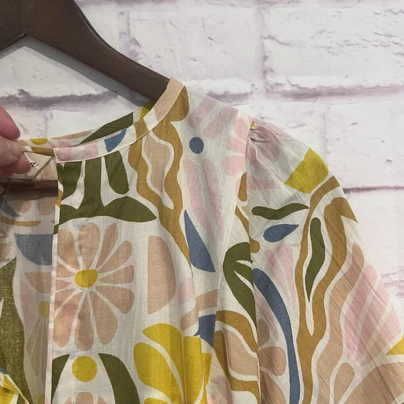 Cyclamen Bloom Kaftan Pleated Tunic Cotton Dress Flower Print Size Small V Neck - Picture 4 of 9